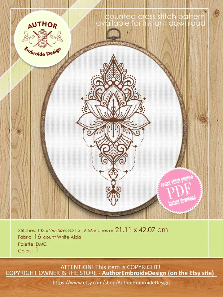 Lotus mandala cross stitch pattern download PDF, Monochrome mandala pattern digital PDF, Lotus flower cross stitch chart, Home decor #M99