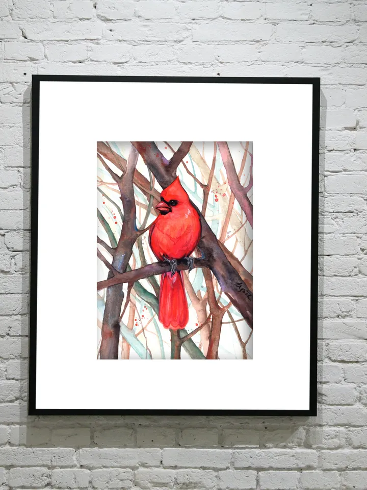 Red cardinal Bird Watercolor, bird painting, wall decor, birds lover gift, 8x11 in handmade art by Anne Gorywine