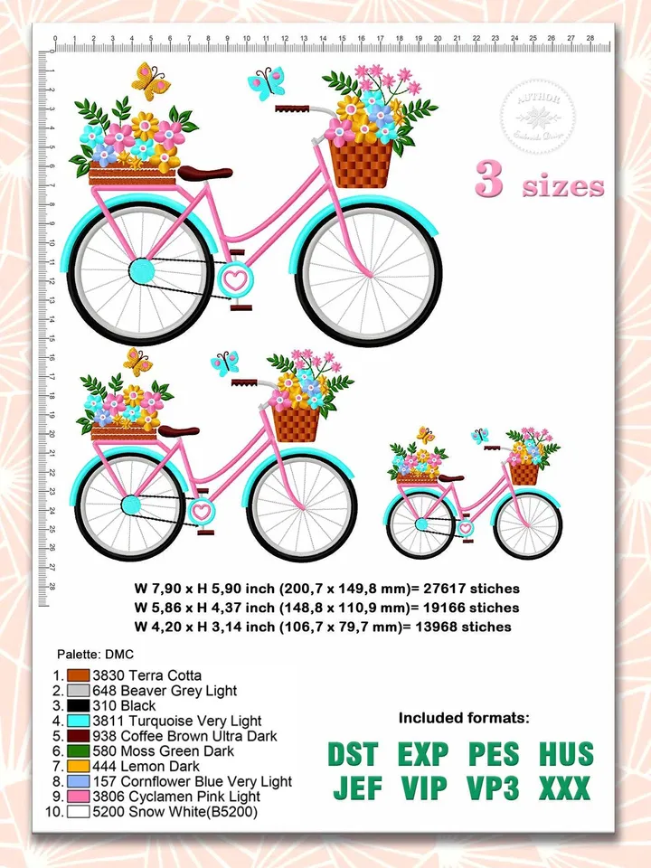 Bicycle embroidery design Machine embroidery pattern 3 size Bicycle with flowers embroidery files, Flower basket bike embroidery #R43