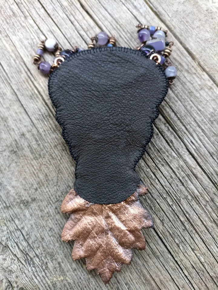 Bead embroidered violet necklace with Lepidolite, Sugilite, Charoite and Amethyst gemstones and an electroformed oak leaf Boho jewelry OOAK