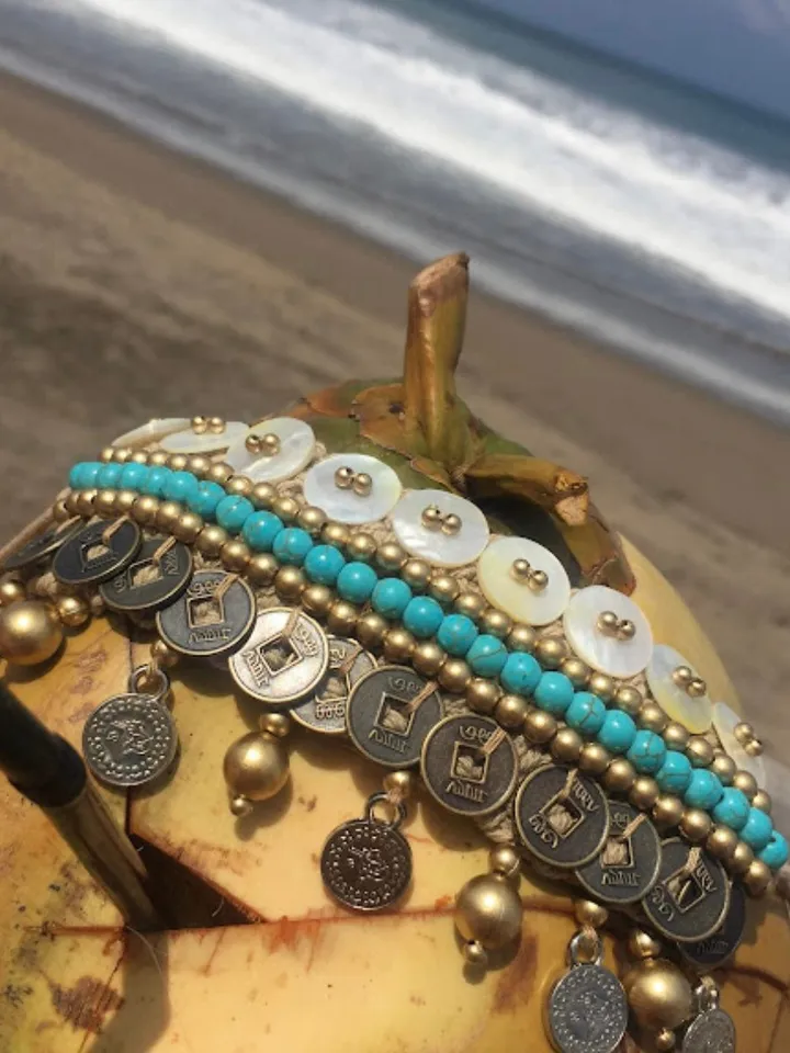 Boho Hippie Coachella Pearl Chinese Coin Bracelet | Macrame crochet tie bracelet | Bohemian Jewerly | shell bracelet bali crochet bohemian