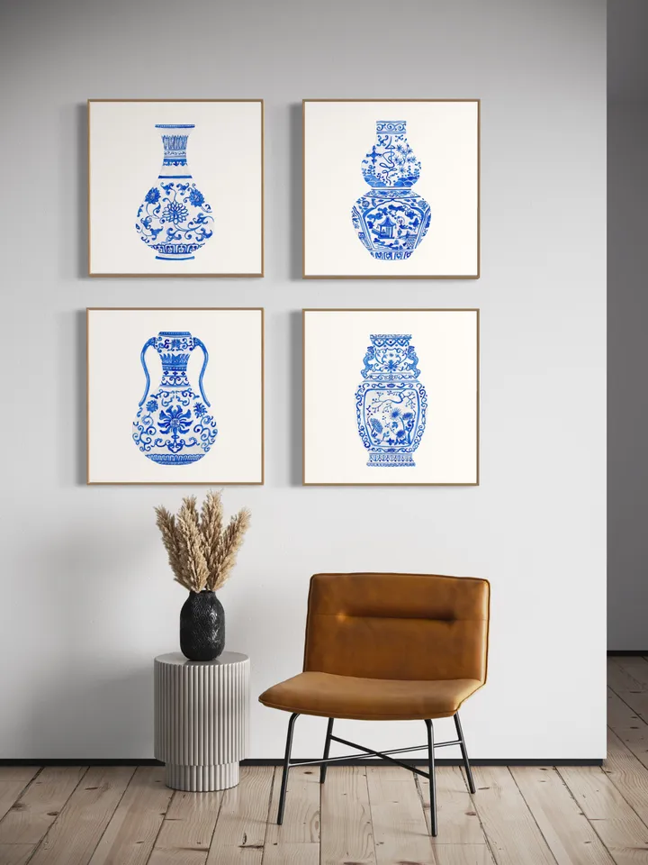 Blue Chinoiserie Set Of 4 Ginger Jars, Watercolor Painting, Vintage Chinoiserie, Chinese Vase Prints, Housewarming Gift, Chinoiserie Art
