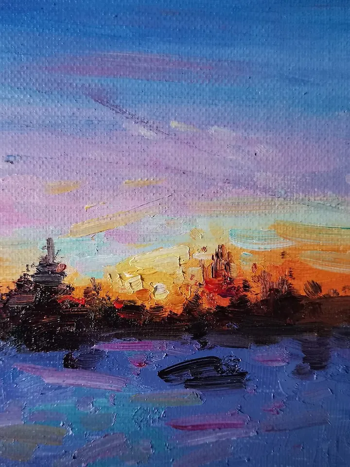 Sunset Painting Original Art Small Impasto Oil Painting Landscape Painting 手工油畫