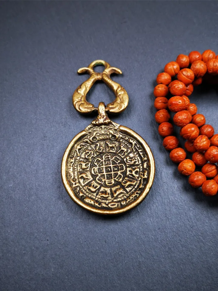 Gandhanra Vintage Tibetan Buddhist Calendar Badge,Melong Mirror, SIPAHO Amulet(srid pa ho),Jiugong Bagua,made of Brass,1.8&quot;