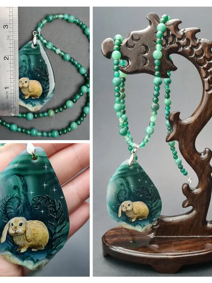 Necklace with rabbit or hare in ferns Oil painting on Agate stone