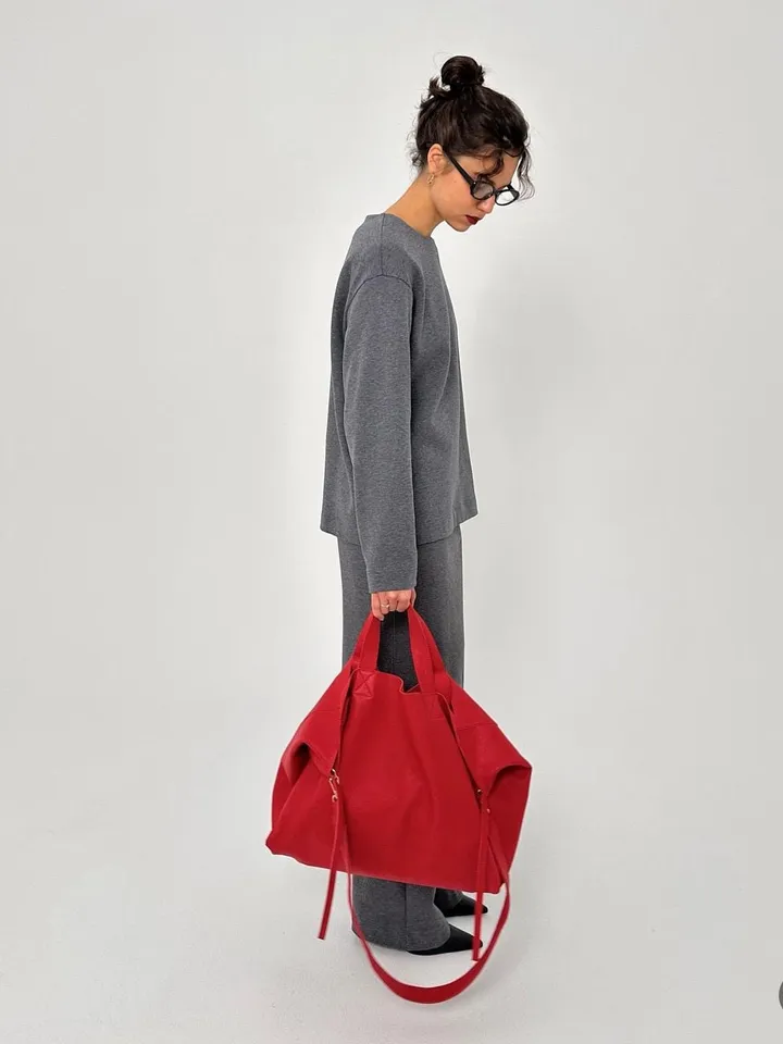 Genuine leather red oversize tote shopper triple handle big bag / everyday purse / handmade bags / designer bags / summer bag /