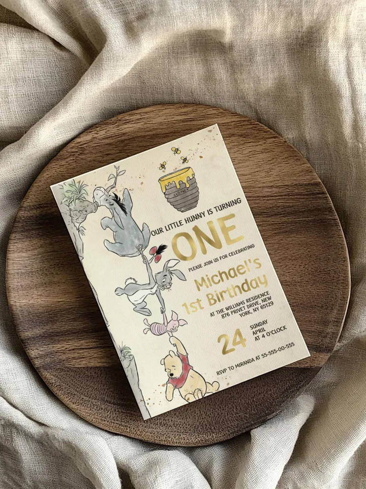 Winnie the Pooh Inspired First Birthday; Classic Winnie Pooh Invitations; Neutral Winnie Pooh Turning One; Winnie Pooh Birthday Party Theme