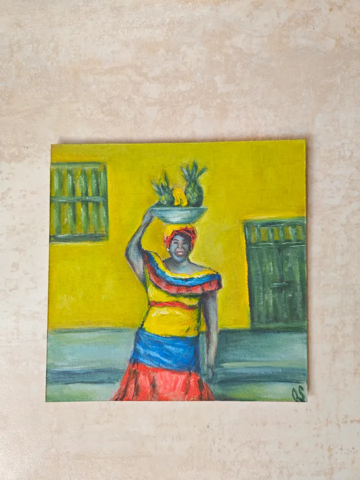 Latina Original Painting Colombian Woman Original Art Bright Latina With Fruits Modern Artwork Woman Bright Dress Wall Decor 8 x 8 inches by OlgaSokolovaArt
