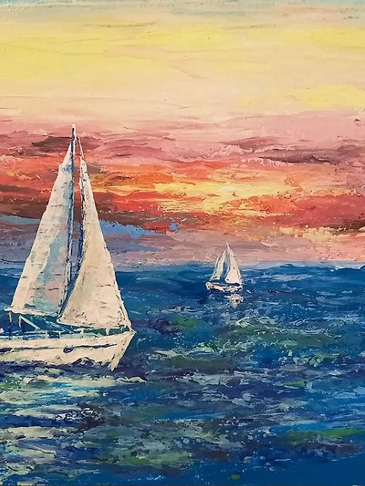 Sunset sky art Original acrylic painting Boat painting Seascape Sailing painting