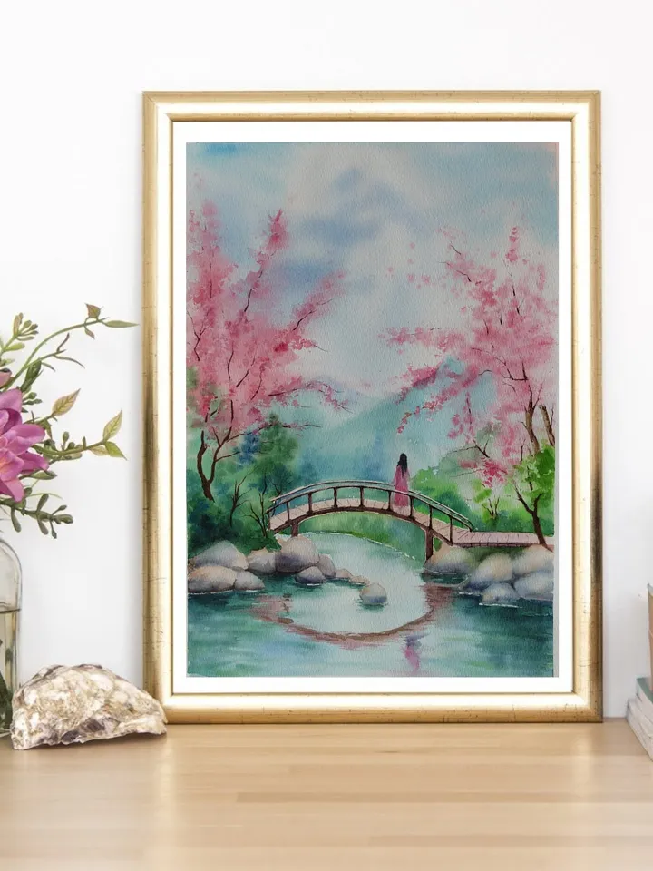 Japan Landscape Art Cherry blossoms Artwork Bridge River Picture Original Watercolor Painting 10.62x15.35 in by SoftWaves