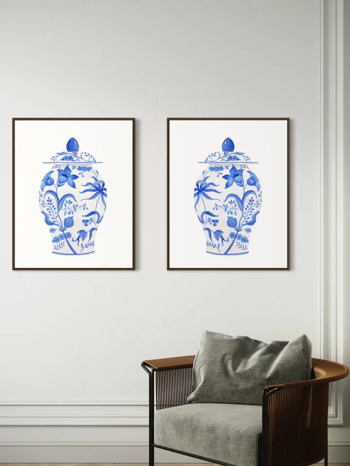 Blue Chinoiserie Vase Set Of 2 Wall Art, Ginger Jar Wall Art, Blue And White, Chinoiserie Chic, Vintage Art Print, Vase Still Life
