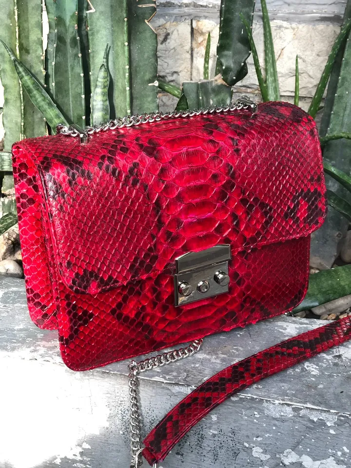 Red Genuine Python Skin Bag Purse Chain Crossbody | Classy elegant red leather bag | Handmade designer Bag | Exotic skin bags | Red bag