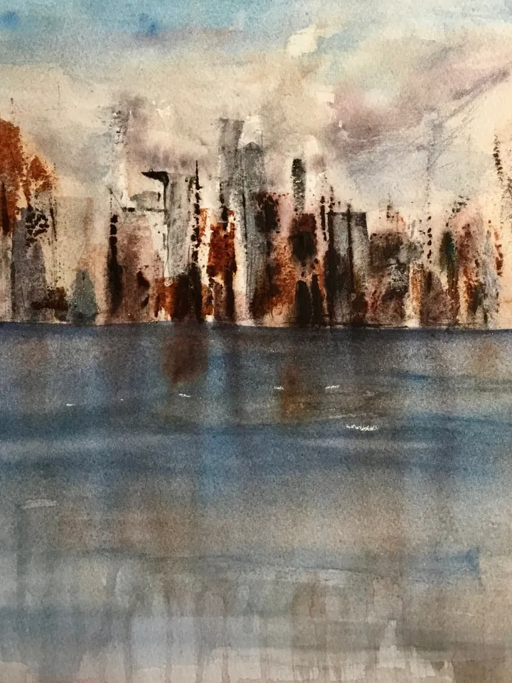 Semi-Abstract watercolour cityscape,original watercolour painting,cityscape wall art,seascape,skyline,skyscapes,blue grey copper painting