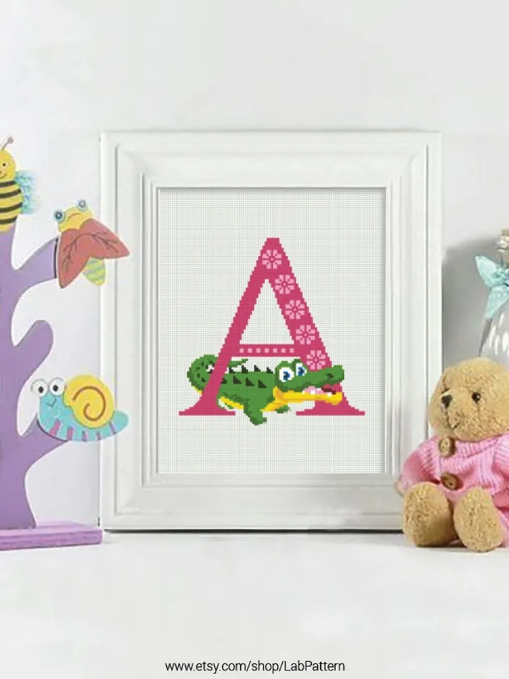 Letter A alligator ABC Cross stitch pattern | Embroidery Pattern | Instant Download | Embroidery Designs