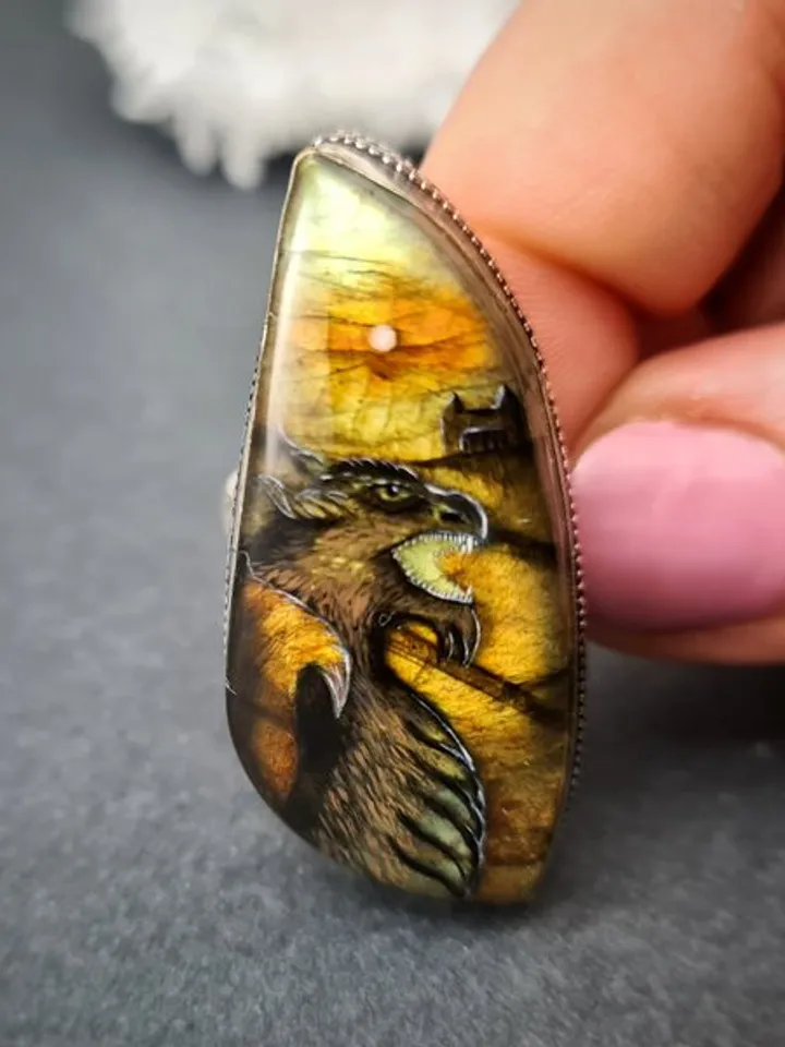 Dragon ring Labradorite ring Stone painting dragon Aaa large labradorite ring