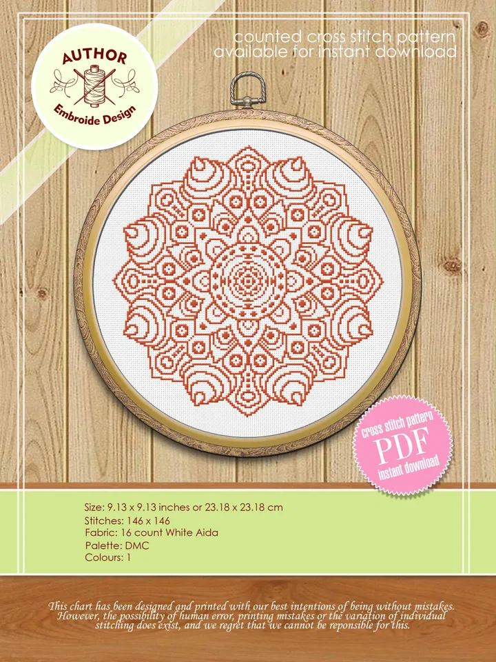 Mandala cross stitch pattern download PDF Monochrome floral ornament hand embroidery, Simple geometric pattern PDF Easy beginner stitch #M77