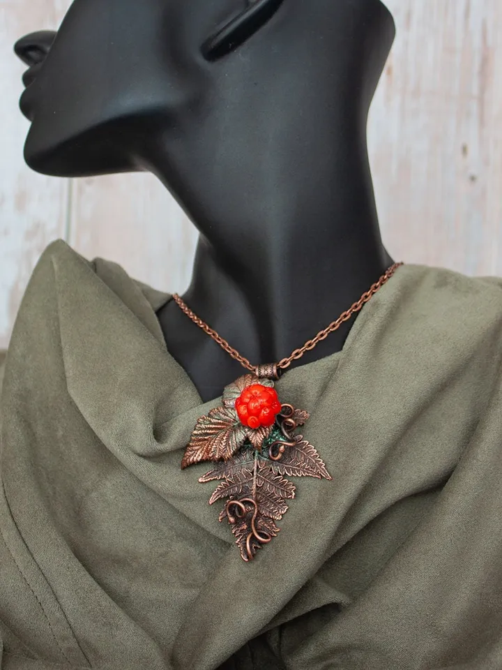 Handmade Copper Pendant Glass Cloudberry Beads, Natural Jewelry, Electroforming, Metal Real Fern Leaf, Great Gift for Her