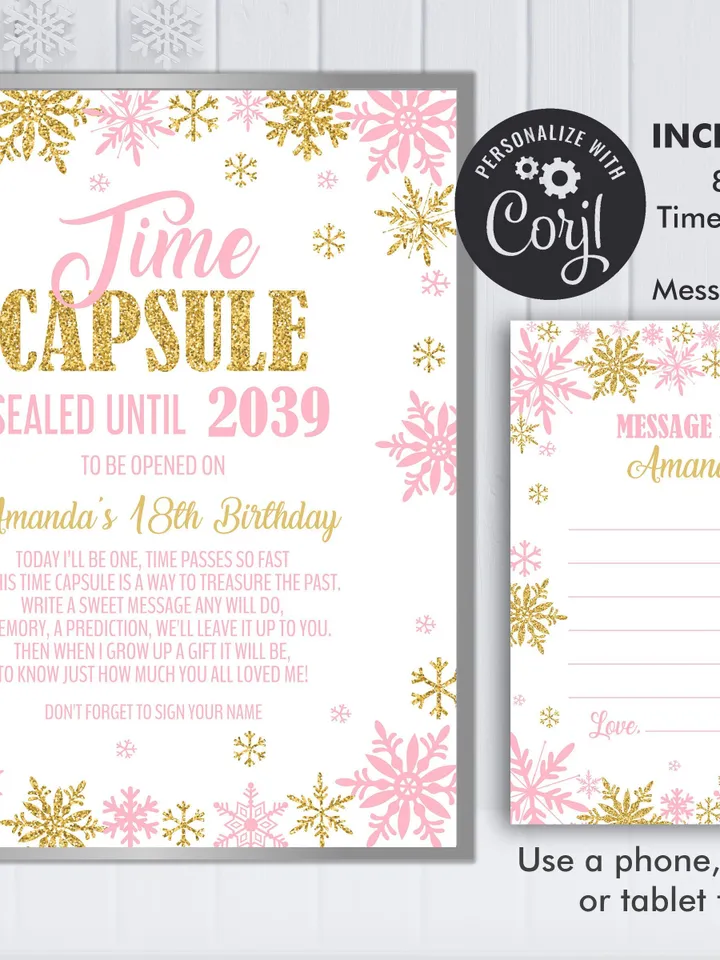 Winter Onederland Time Capsule and Matching Note Card Pink Gold Winter Onederland 1st Birthday Girl Decorations, Editable Template