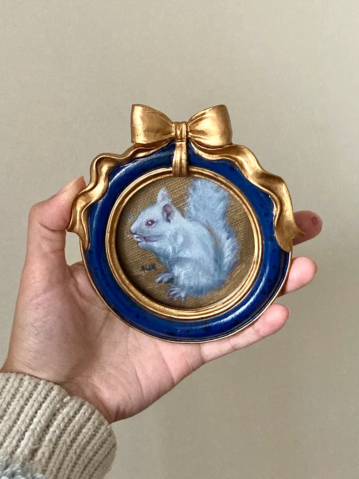 Framed Squirrel Oil Painting Original Albino Bird Art Dark Cottagecore Art Round Frame