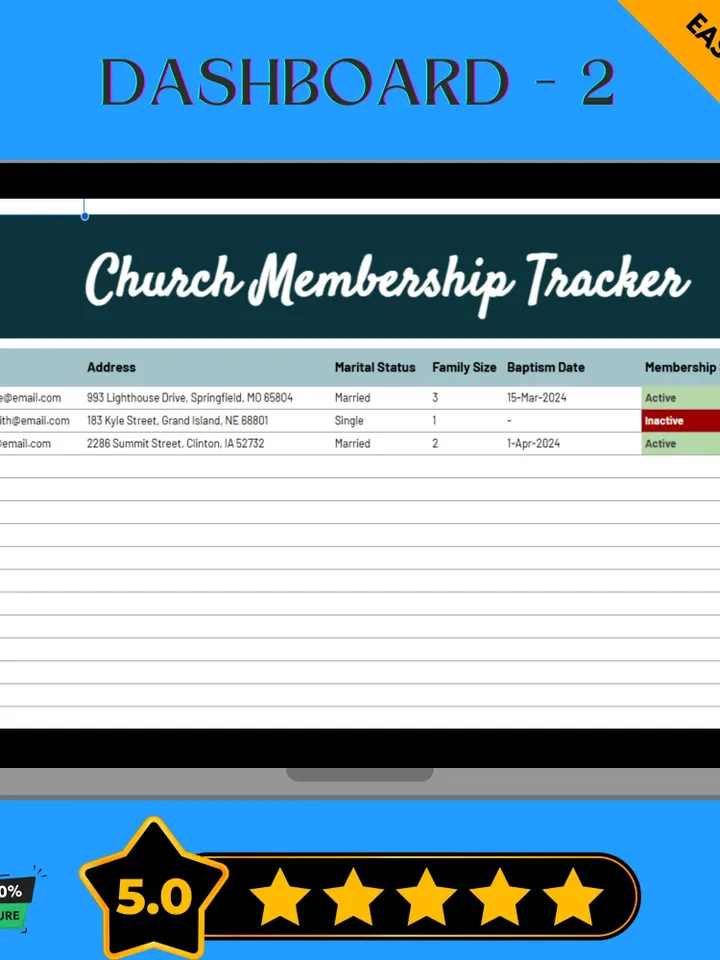 Church Membership Tracker Template, Church Attendance & Member Database, Congregation Growth Management Spreadsheet