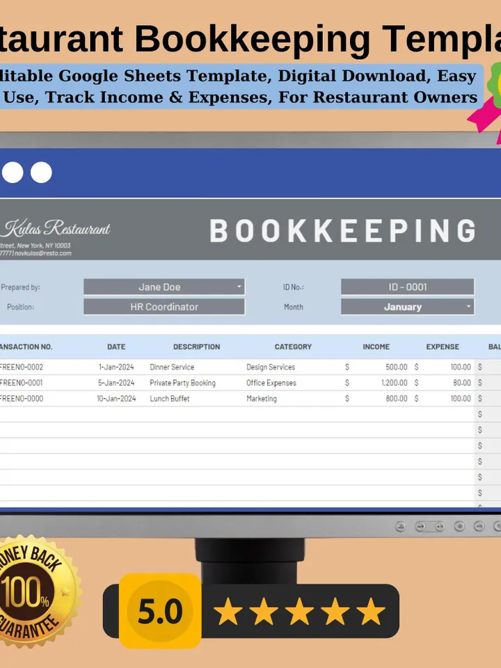 Restaurant Bookkeeping Template, Editable Google Sheets Template,Digital Download, Easy to Use, Track Income Expenses, For Restaurant Owners
