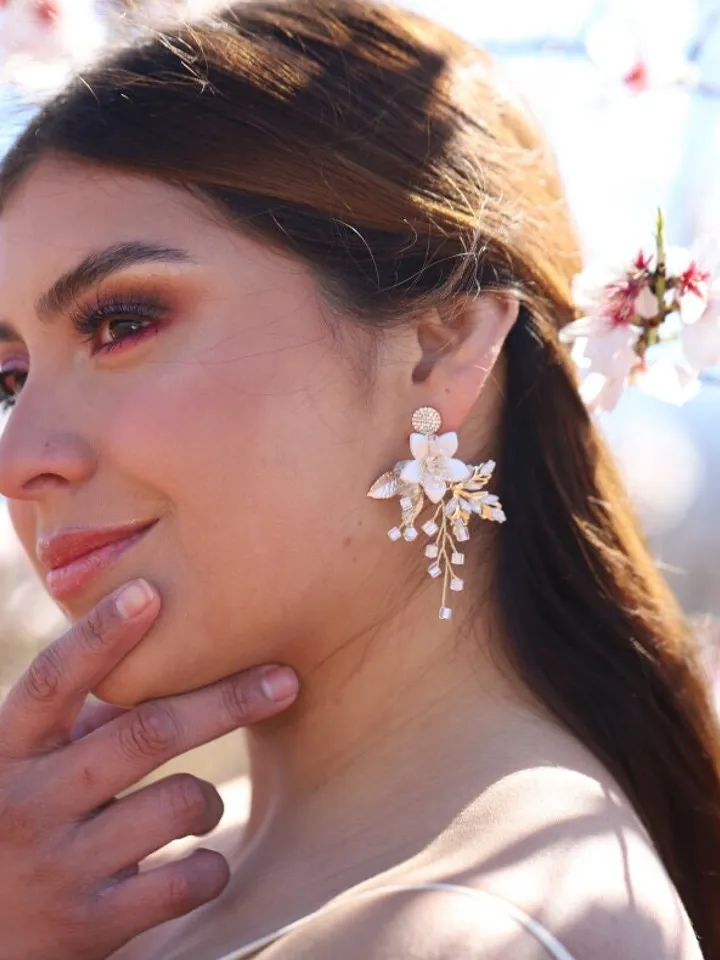 Porcelain Flower Boho Wedding Earrings, Champagne Gold Chandelier Statement Wedding Earrings, Floral Bridal Earrings, Opal Wedding Jewelry