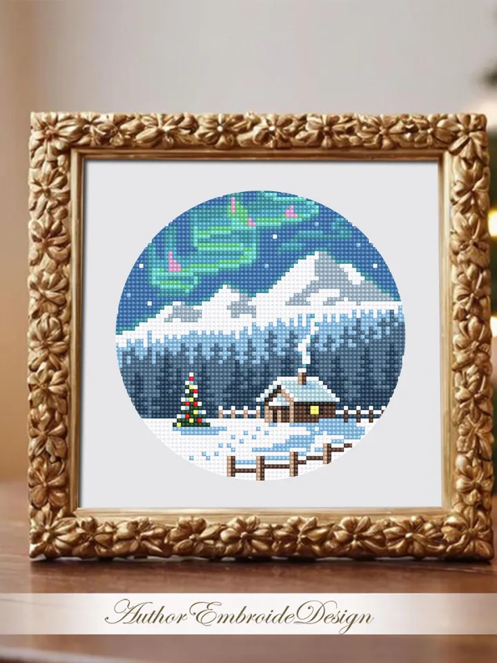 Northern lights cross stitch pattern PDF download Winter landscape cross stitch, Christmas pattern digital PDF, Winter house in forest #N165