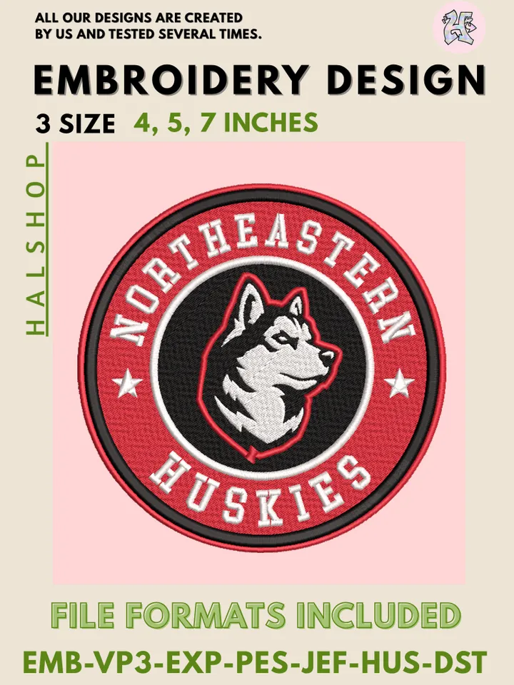 NCAA Northeastern Huskies College Logo Embroidery Design – Classic Team Pattern, 3 Sizes Machine Embroidery Files, Instant Digital Download