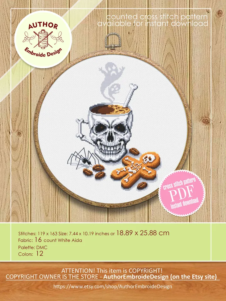 Halloween coffee mug cross stitch pattern download PDF, Gothic Halloween cross stitch chart, Horror Christmas cross stitch, Skull cup #H39