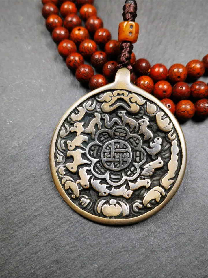 Gandhanra Antique SIPAHO(srid pa ho) Amulet, Tibetan Buddhist Astrology Calendar Badge,12 zodiac Melong Mirror, Jiugong Bagua,30 Years Old