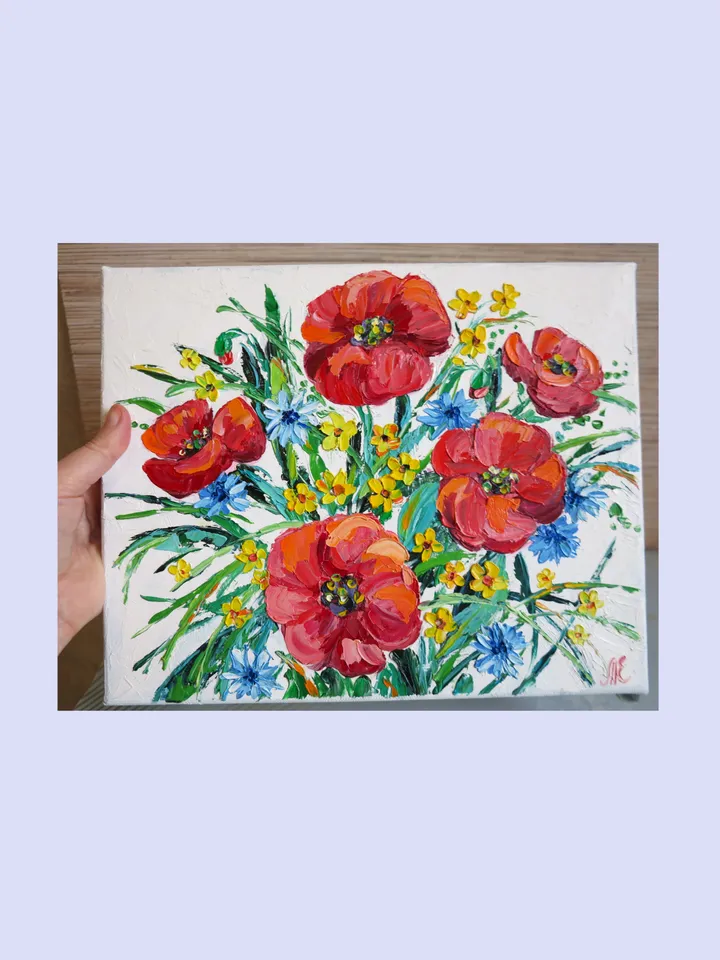 Oil Painting With Red Flowers Original Art Impasto