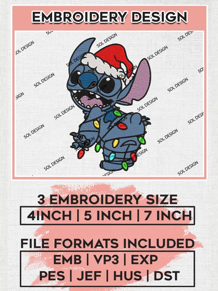 Funny Stitch With Christmas Lightbulb Embroidery Design Files, Disney Christmas Machine Embroidery, Disneyland Embroidery, 3 sizes, Cute Christmas Machine embroidery designs, Digital Download