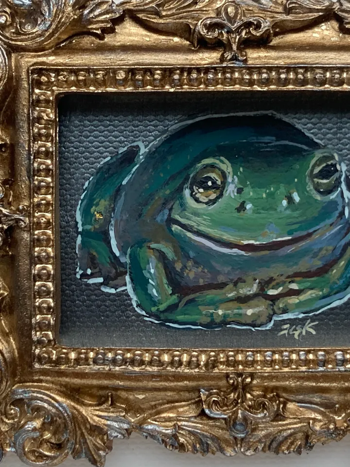 Framed Frog Painting Original Green Frog Artwork Amphibians Art Gouache Painting