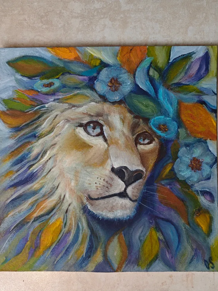 Lion Original Painting Animal Art Modern Artwork Bright Floral Multicolored Lion Wall Painting Lion Head Abstract Painting Room Decor 10x10 inches By OlgaSokolovaArt