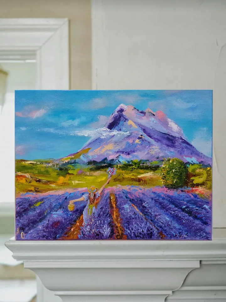 "Landscape. Girl in a lavender field" oil painting on canvas 40x30cm (16x12inch)