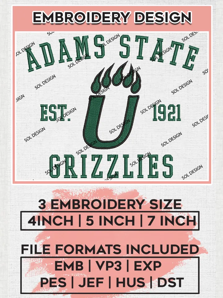 NCAA Adams State Grizzlies College Team Est 1921 Logo Embroidery Design Files, NCAA Adams State Grizzlies Machine Embroidery, NCAA Teams, 3 sizes, NCAA Machine embroidery designs, Digital Download