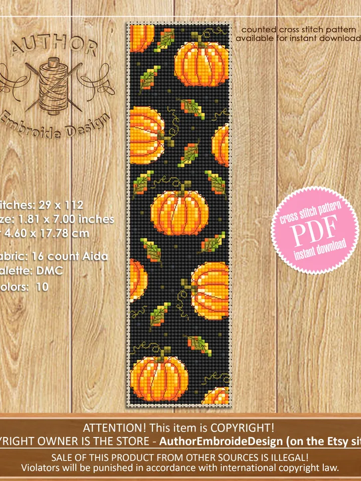 Pumpkin fall bookmark cross stitch pattern PDF download Pumpkin cross stitch chart Handmade bookmark digital pattern Autumn embroidery #B228