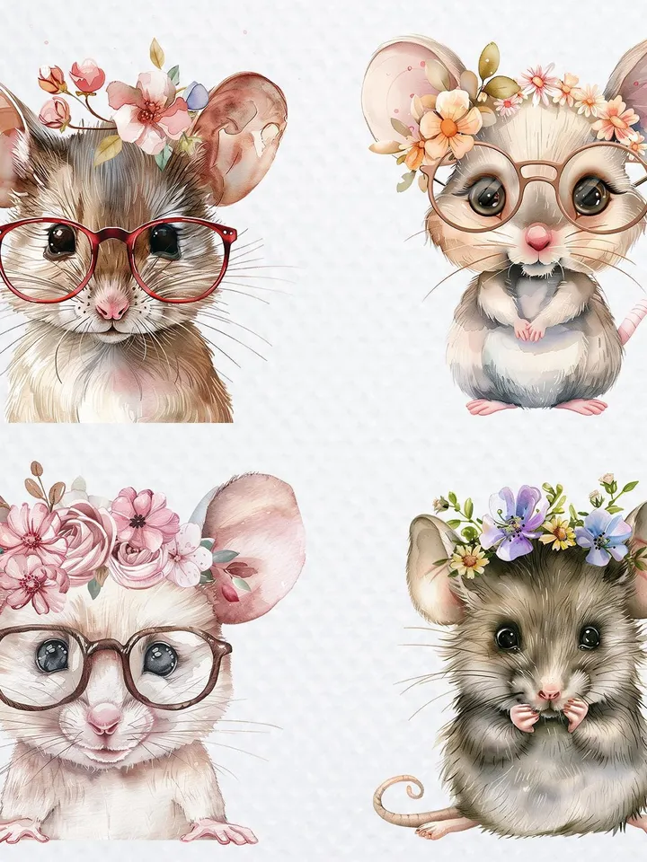21 Boho Mouse PNG Bundle, Cute cartoon Mous, Watercolor clipart for sublimation, High Quality scrapbook images, Paper craft, junk journal