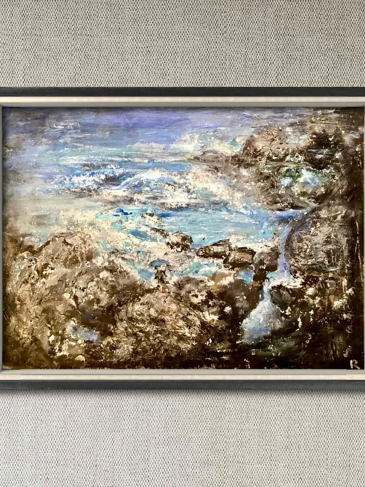Rocks and ocean original acrylic mix media painting on paper,wall art,semi abstract seascape.