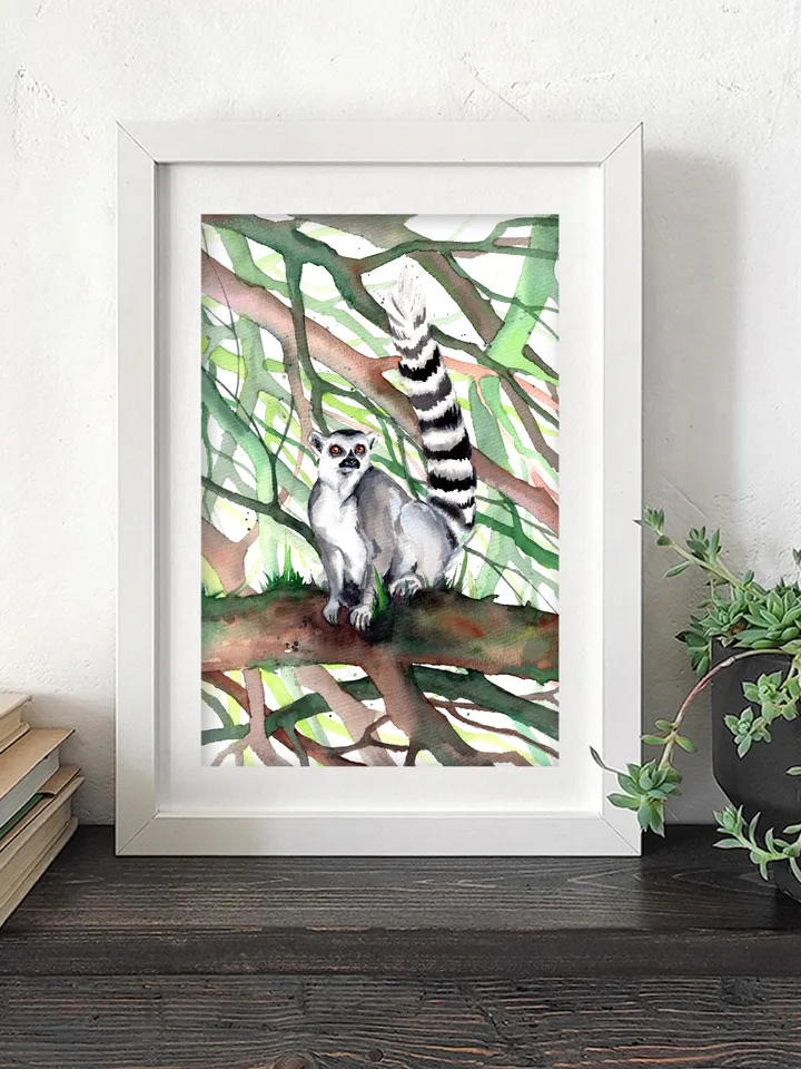 The feline lemur Original watercolor, animal painting, wall decor, animals lover gift, 8x11 in handmade art by Anne Gorywine