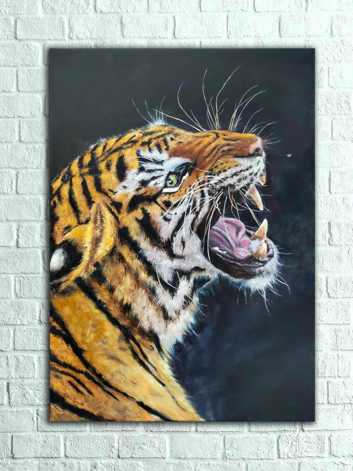 Oil painting Tiger on black background Minimalistic wild animal Wallart on canvas