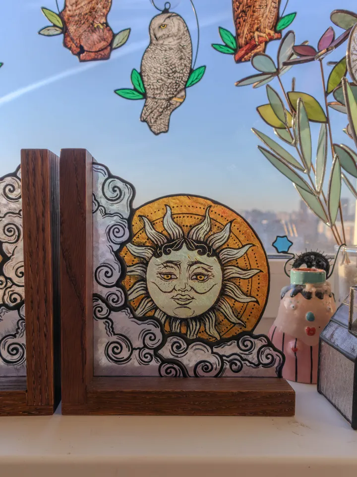 Stained glass bookends with moon and sun, Celestial home decor, Moon Tarot Art