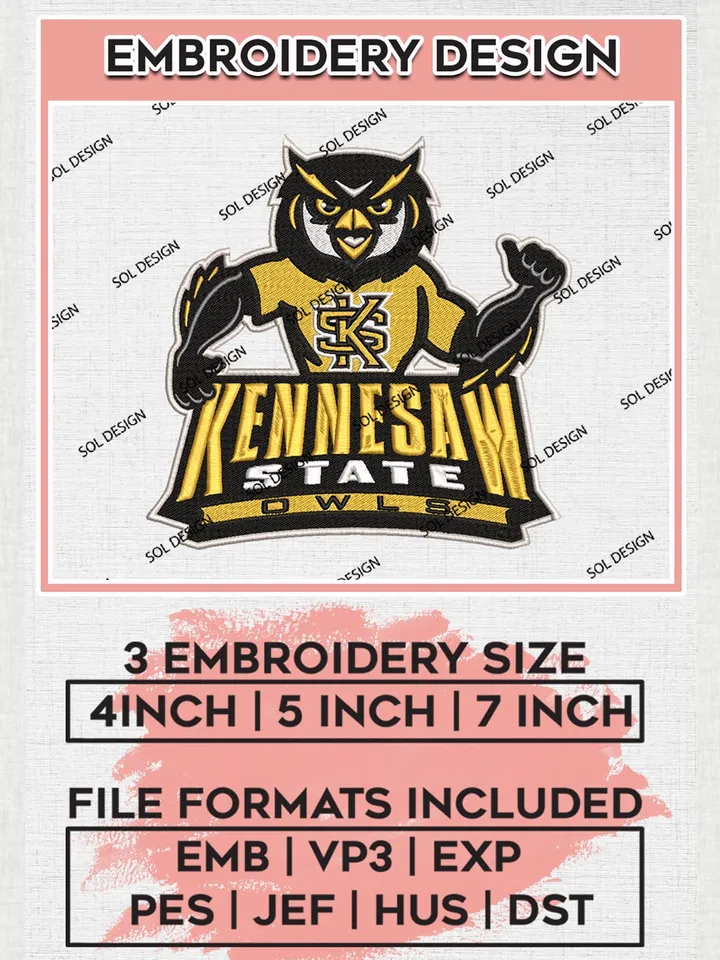NCAA Kennesaw State Owls Logo Machine Embroidery Design, NCAA Kennesaw State Team Design Design files, NCAA Team Embroidery Designs, NCAA Machine Embroidery Designs, Digital Download