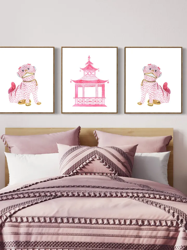 Pink Chinoiserie Set Of 3 Watercolor Painting Pagoda Foo Dogs Wall Art Chinoiserie Decor asian Hot Pink Wall Art Chinoiserie Chic Art Print
