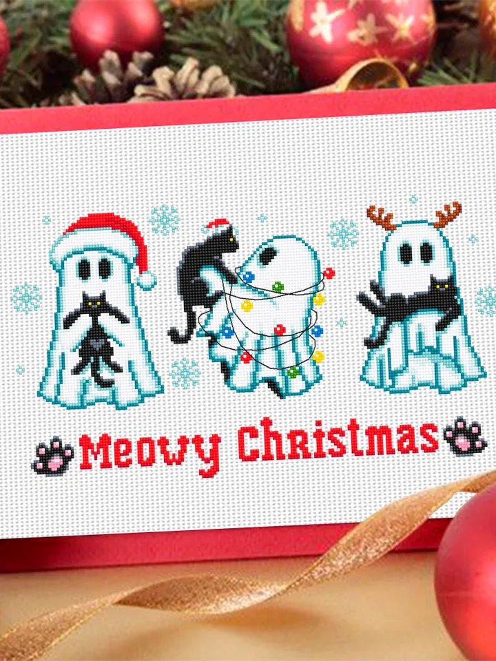 Christmas ghost with black cat cross stitch pattern PDF download Cute ghost cross stitch chart, Meowy Christmas pattern digital PDF #N152