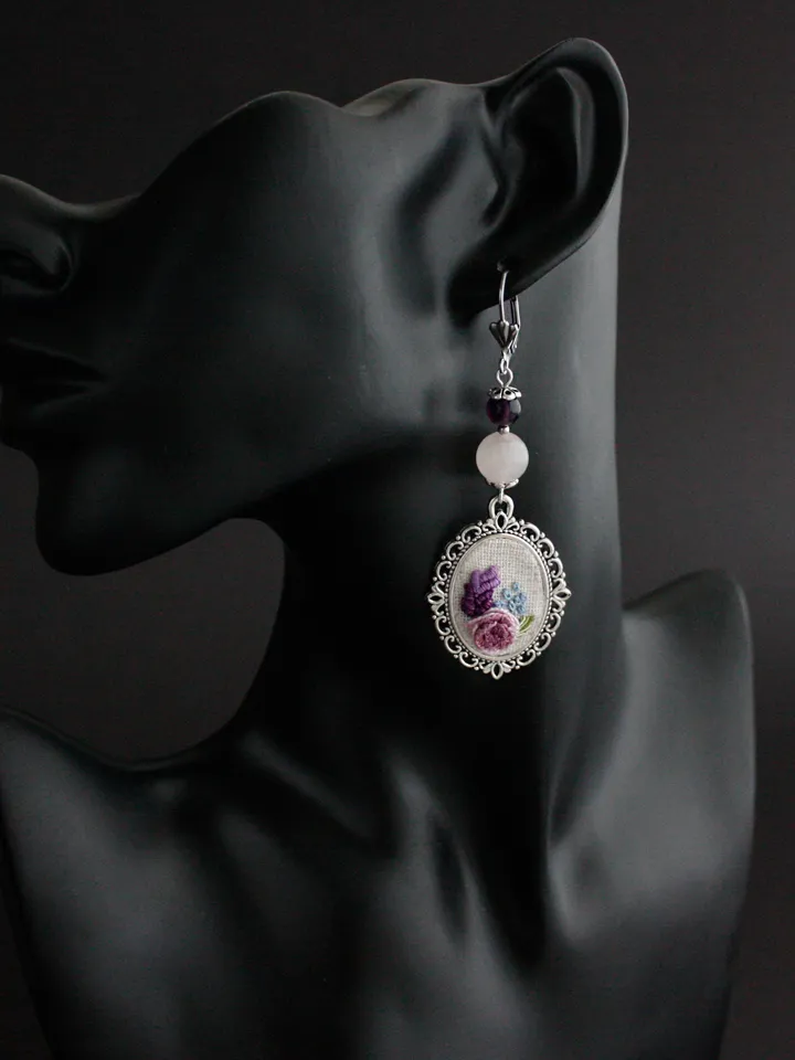 Dangling rococo rose cameo earrings Dusty pink and purple