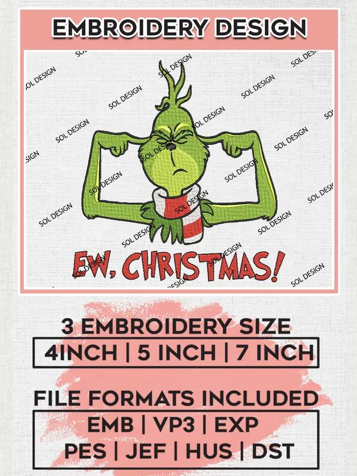 Ew Christmas Grinch Embroidery Design Files, Grinch Machine Embroidery, Merry Grinchmas Face Embroidery, 3 sizes, Cute Christmas Machine embroidery designs, Digital Download