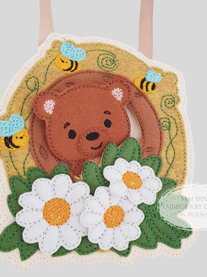 Bear Handbag Machine Embroidery Design ITH + Play Guide PDF, Felt Window Purse Pattern, Toddler Activity, Forest Animal Toy