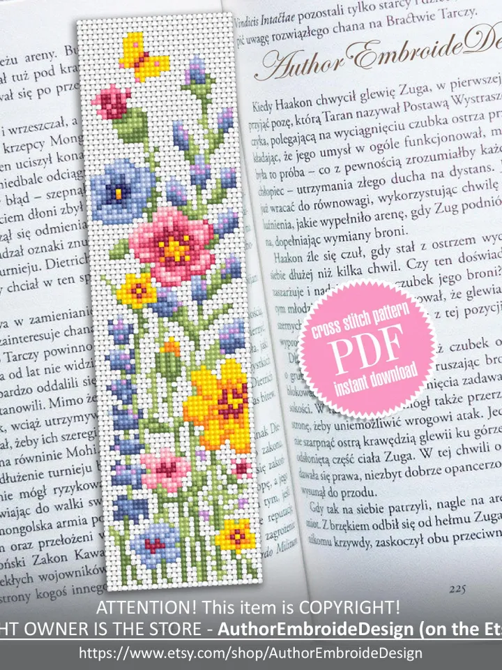 Flower bookmark cross stitch pattern PDF download Wildflowers cross stitch chart, Floral bookmark pattern digital, Watercolor flowers #B453