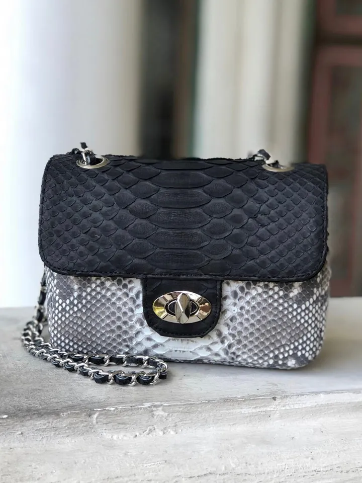 Genuine Python Skin Crossbody Colorblock Black and gray bag | Adjustable Chain Classy Elegant snake Small Lady Summer Bag | Python Purse